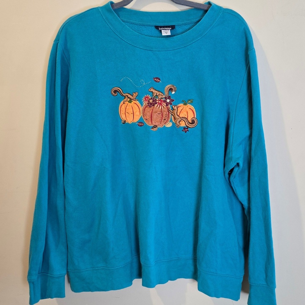 Basic Editions Sweatshirt Women 1X Teal Embroidered Pumpkin Squirrel Fall Cozy